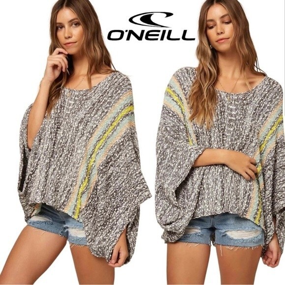 O’Neill Oversized Striped Knit Sweater Women’s XS/S Gray Multicolor Boho Top - Picture 3 of 14